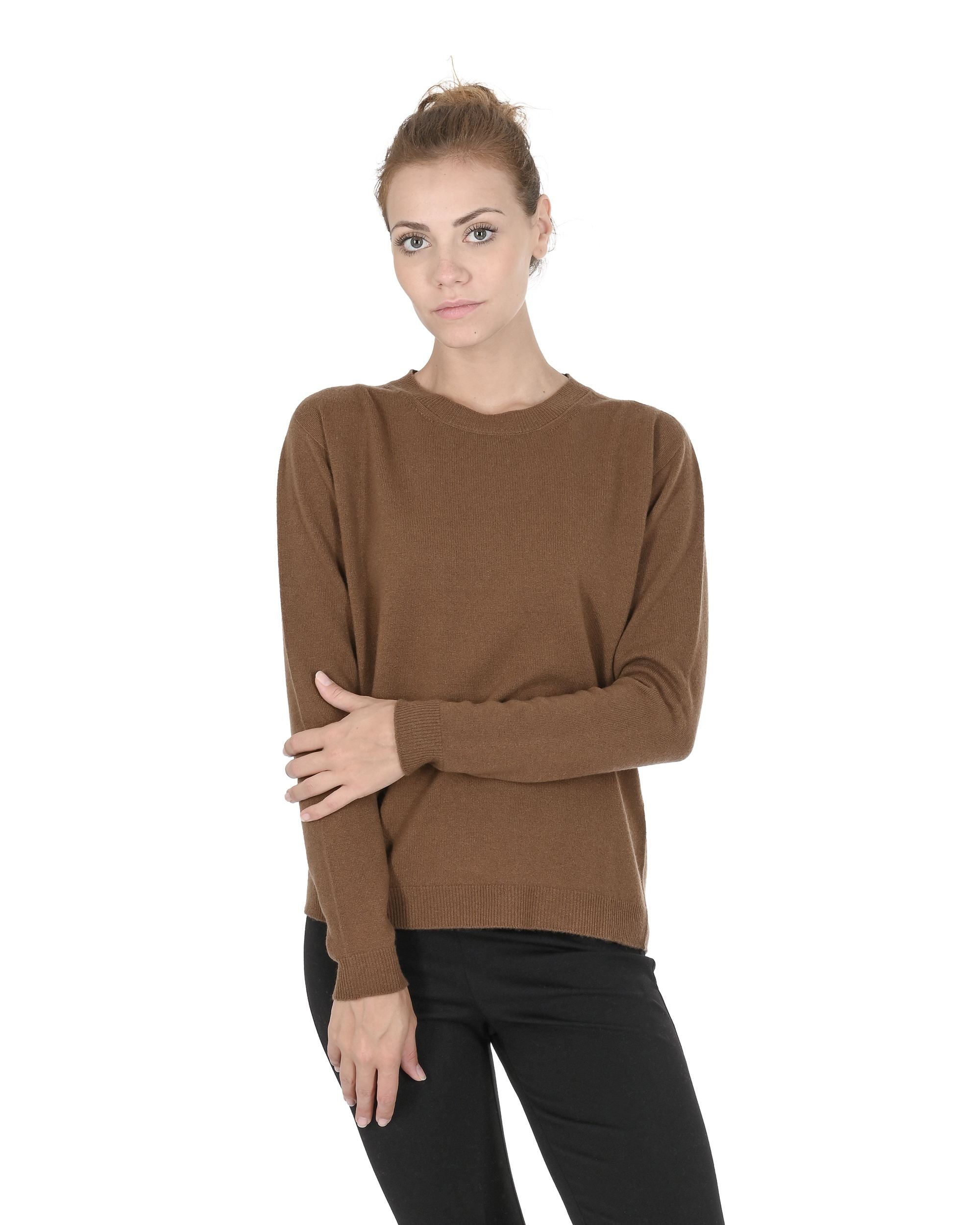Maglione girocollo da donna in cashmere Crown of Edinburgh COE 0014 MARRONE CHIARO
