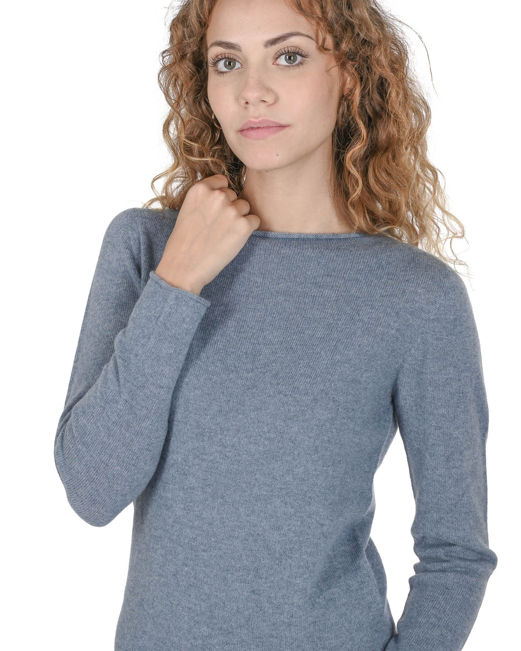 Maglione da donna con scollo a barca in cashmere Crown of Edinburgh COE 0025 AZZURRO