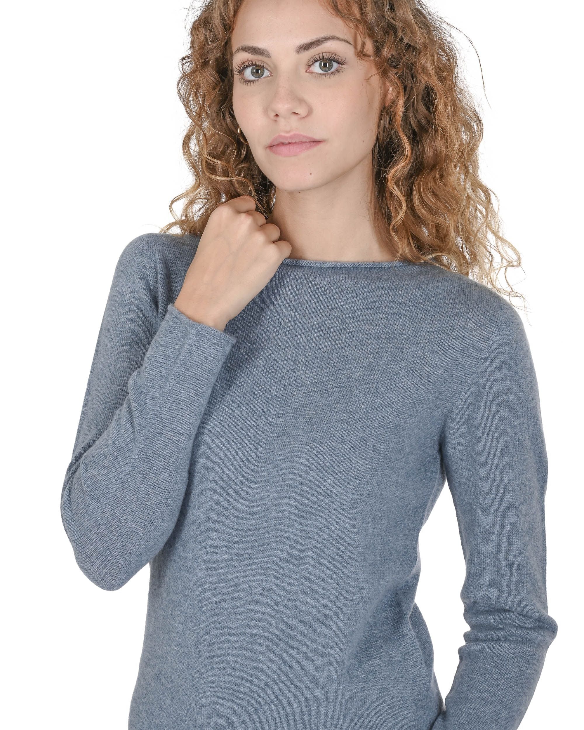 Maglione da donna con scollo a barca in cashmere Crown of Edinburgh COE 0025 AZZURRO