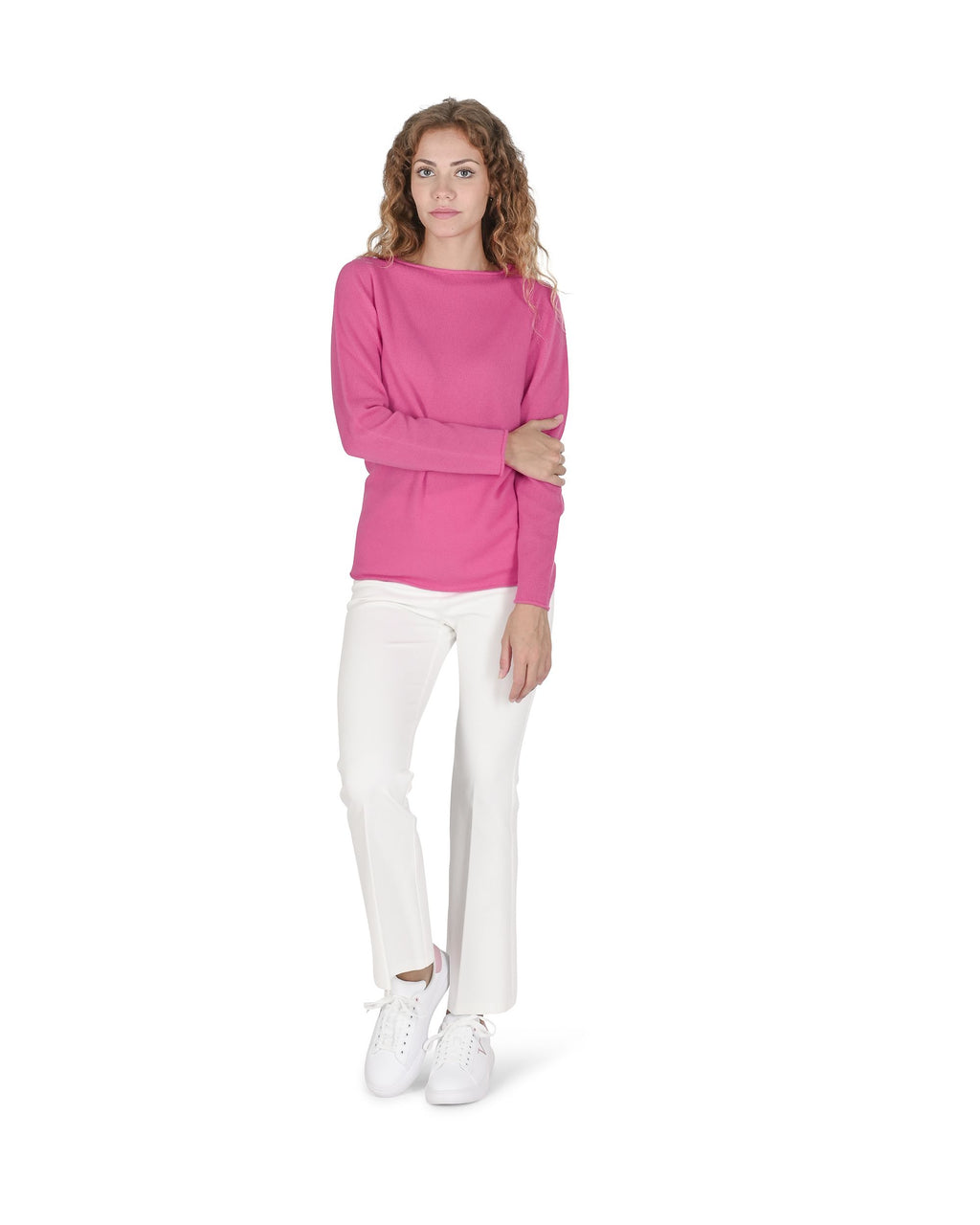 Maglione da donna in cashmere con scollo a barca Crown of Edinburgh COE 0025 FUSCHIA