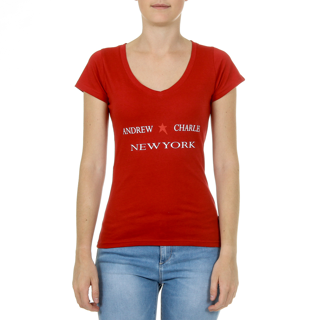 Andrew Charles T-shirt da donna a maniche corte con scollo a V, rossa TAPIWA
