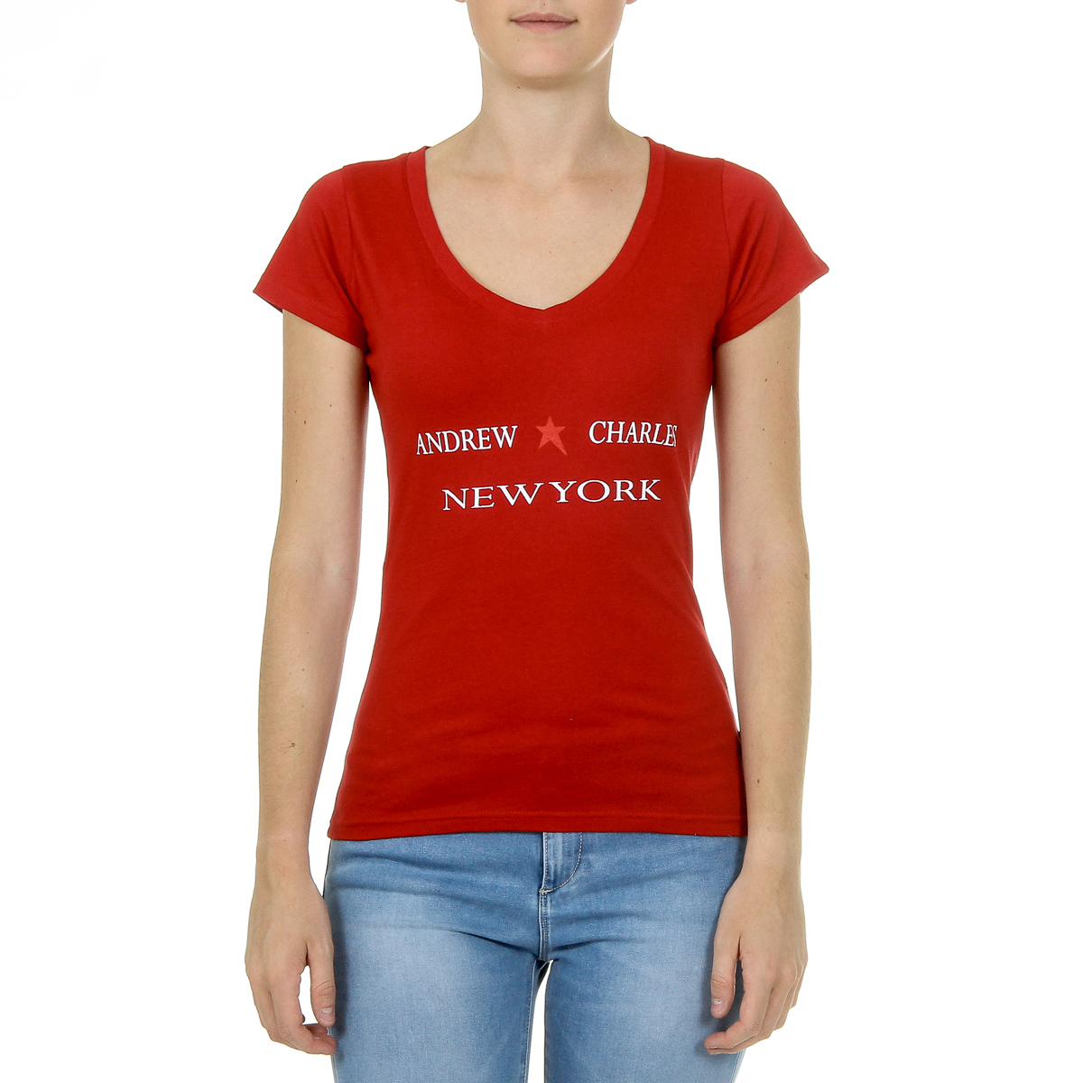 Andrew Charles T-shirt da donna a maniche corte con scollo a V, rossa TAPIWA