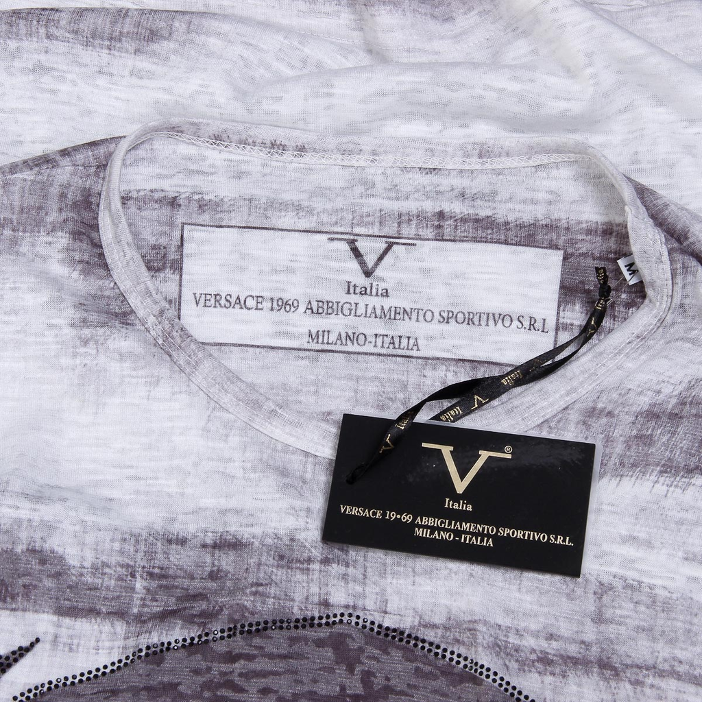 V 1969 Italia T-shirt da uomo a maniche corte con scollo rotondo, bianca LOGAN