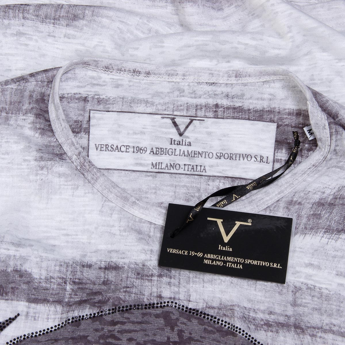 V 1969 Italia T-shirt da uomo a maniche corte con scollo rotondo, bianca LOGAN