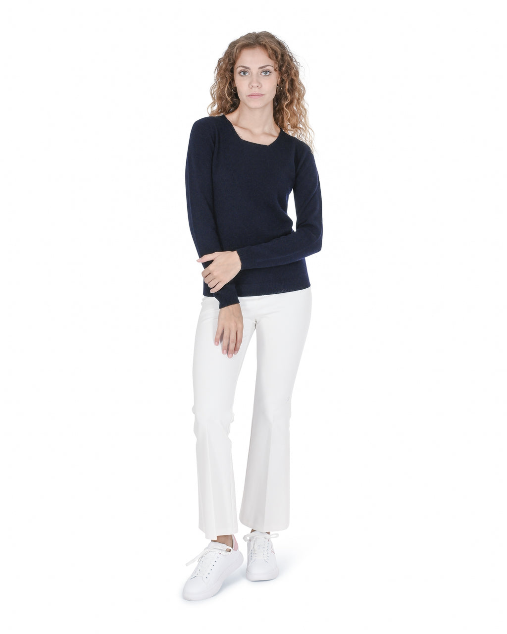 Maglione da donna in cashmere con scollo quadrato Crown of Edinburgh COE 0024 NAVY