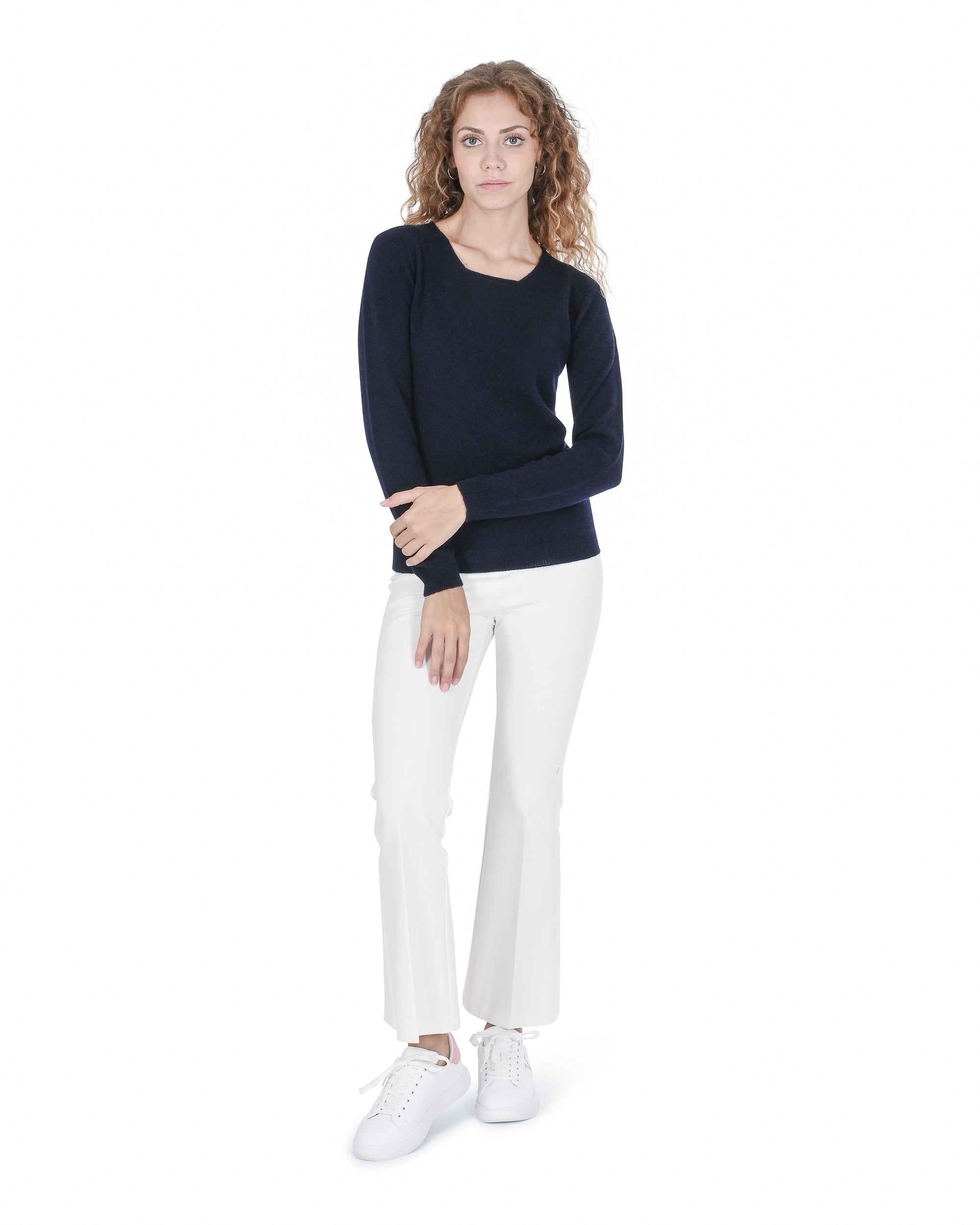 Maglione da donna in cashmere con scollo quadrato Crown of Edinburgh COE 0024 NAVY
