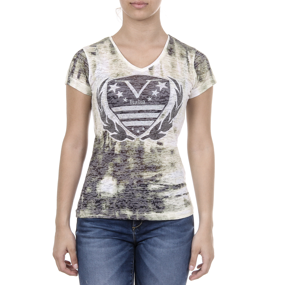 V 1969 Italia T-shirt da donna a maniche corte con scollo a V gialla EMILY
