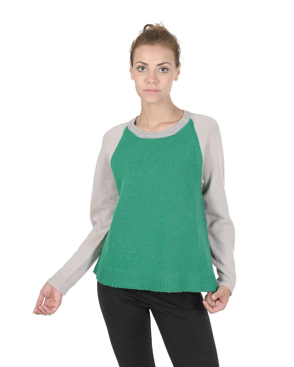 Maglione girocollo da donna in cashmere Crown of Edinburgh COE 0016 VERDE/CREMA