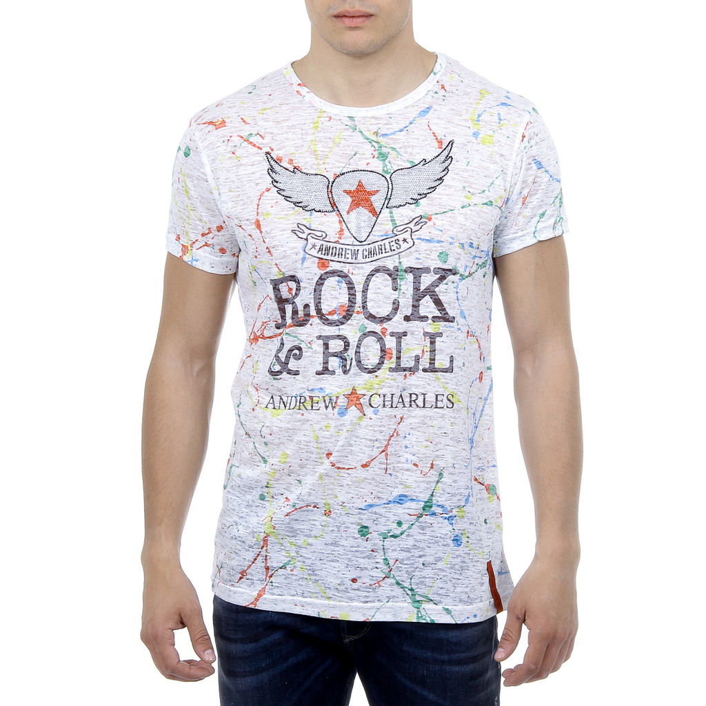 Andrew Charles T-shirt da uomo a maniche corte con scollo tondo, bianca, modello HUNTER