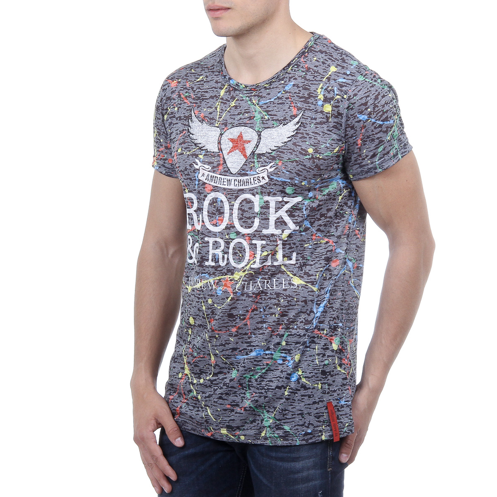 Andrew Charles T-shirt da uomo a maniche corte con scollo tondo, nera, modello HUNTER
