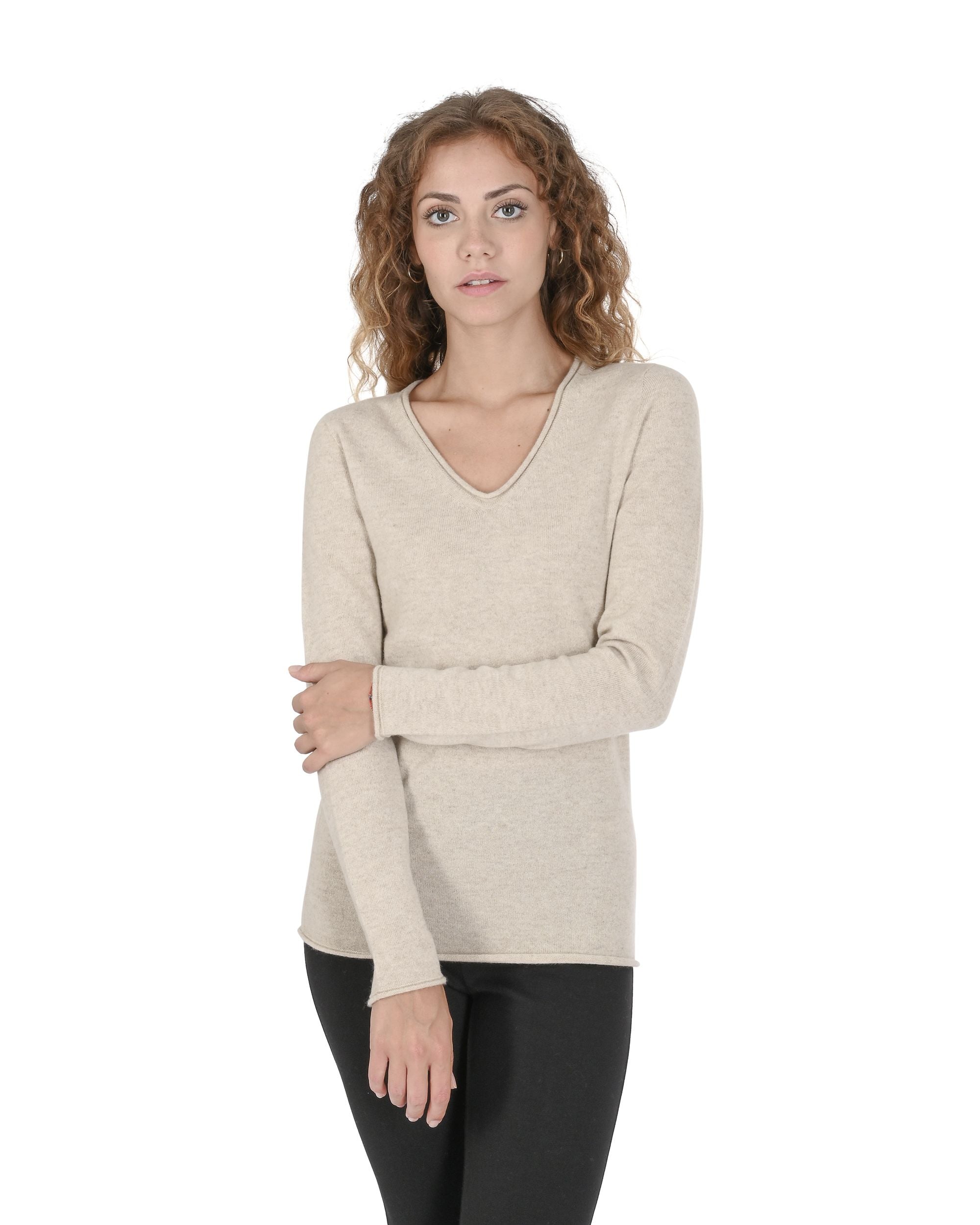 Maglione da donna con scollo a V in cashmere Crown of Edinburgh COE 0022 BEIGE