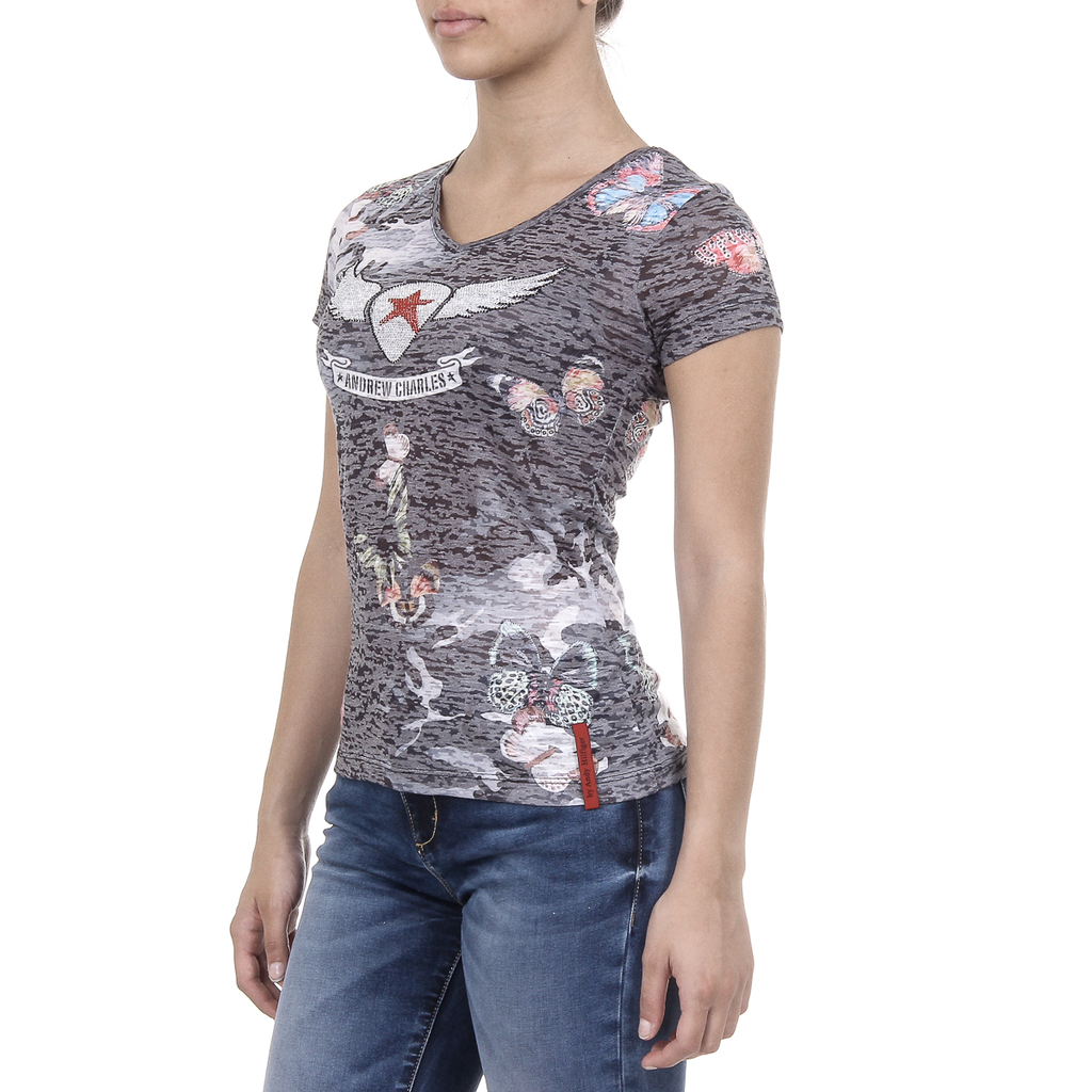 Andrew Charles T-shirt da donna a maniche corte con scollo a V nera STELLA