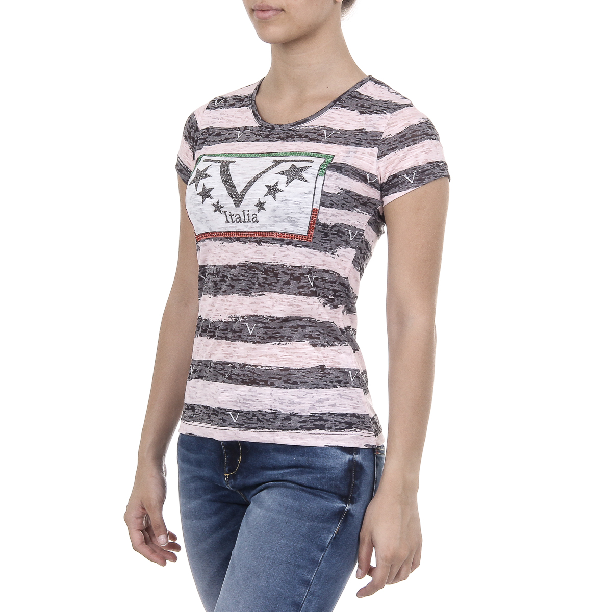 V 1969 Italia T-shirt da donna a maniche corte con scollo rotondo multicolore CHARLOTTE