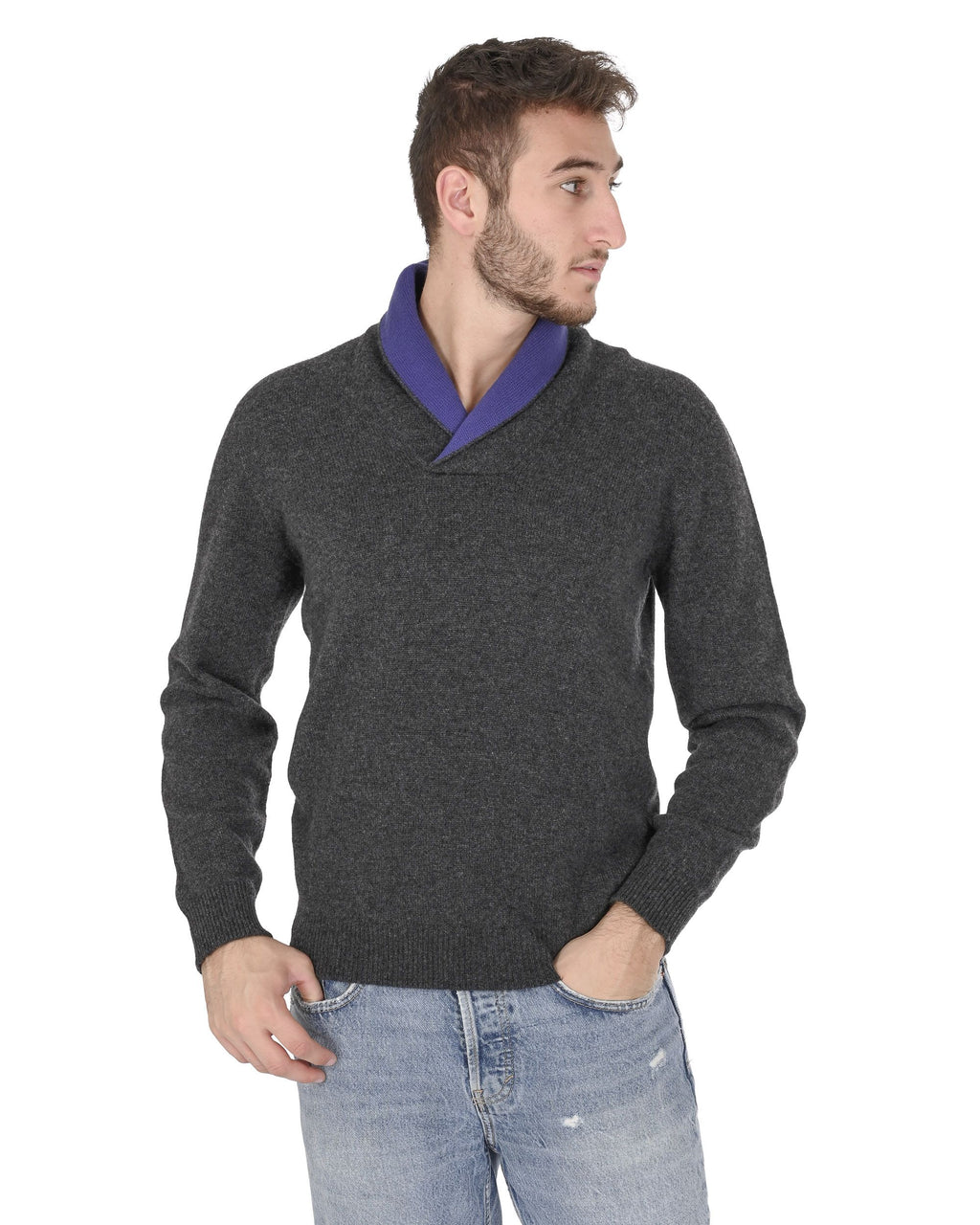 Maglione da uomo con collo a scialle in cashmere Crown of Edinburgh COE 0011 NAVY