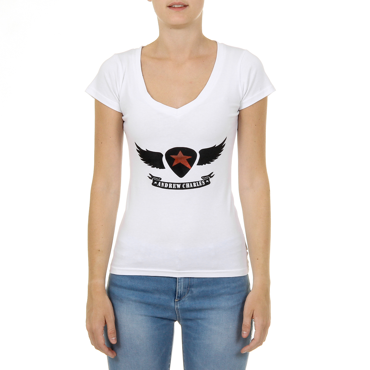 Andrew Charles T-shirt da donna a maniche corte con scollo a V, bianca TAPIWA