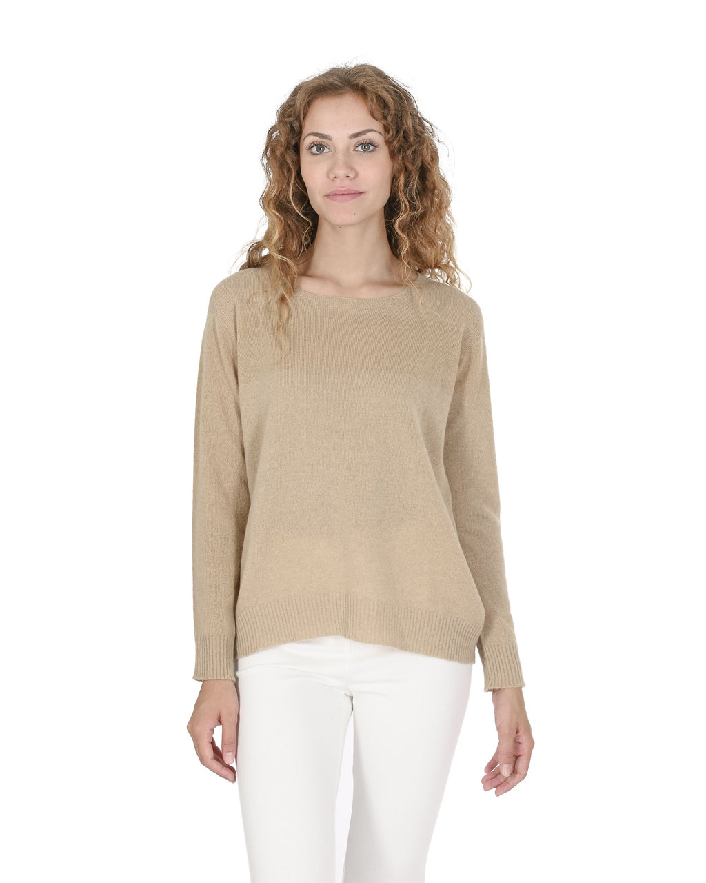 Maglione da donna in cashmere con scollo quadrato Crown of Edinburgh COE 006 SAND