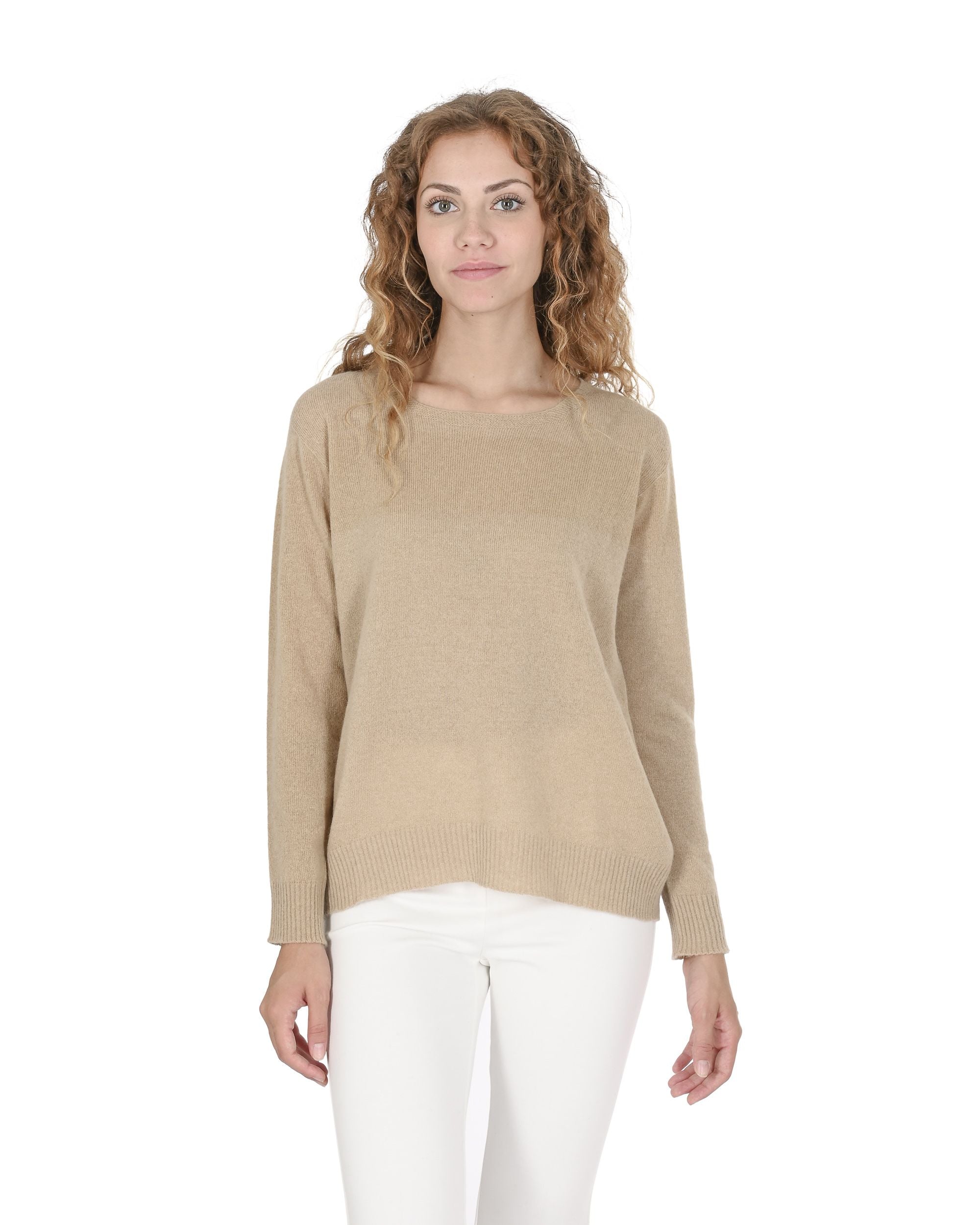 Maglione da donna in cashmere con scollo quadrato Crown of Edinburgh COE 006 SAND