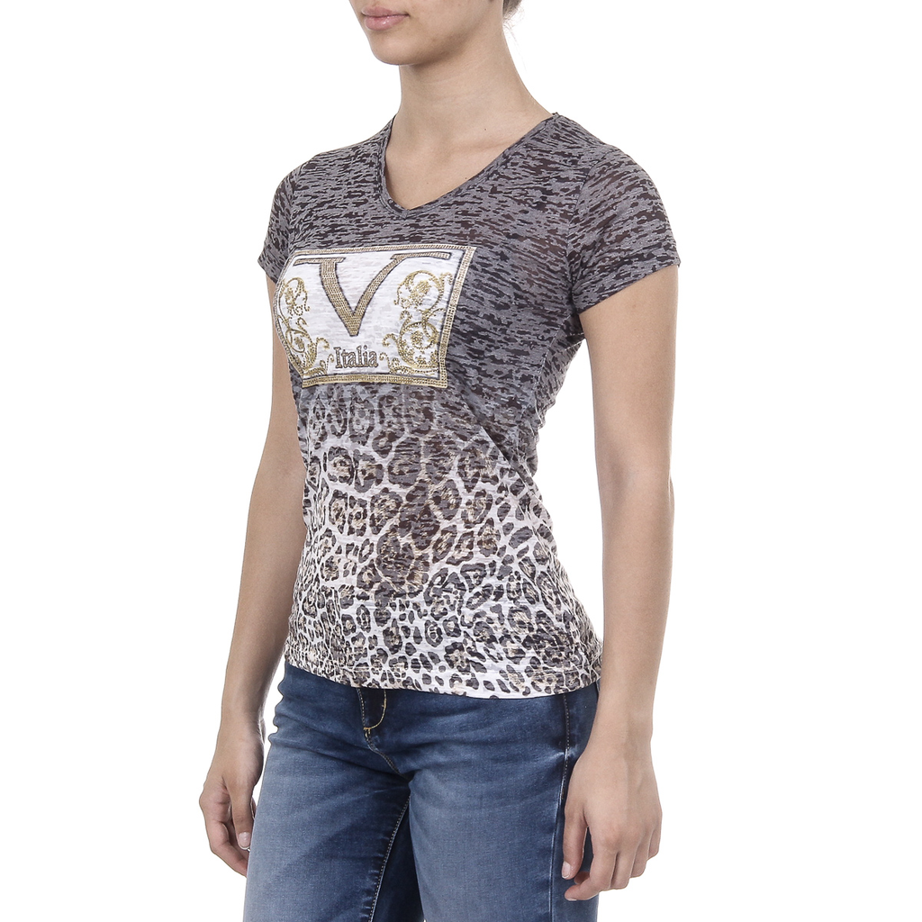 V 1969 Italia T-shirt da donna a maniche corte con scollo a V nera EVELYN