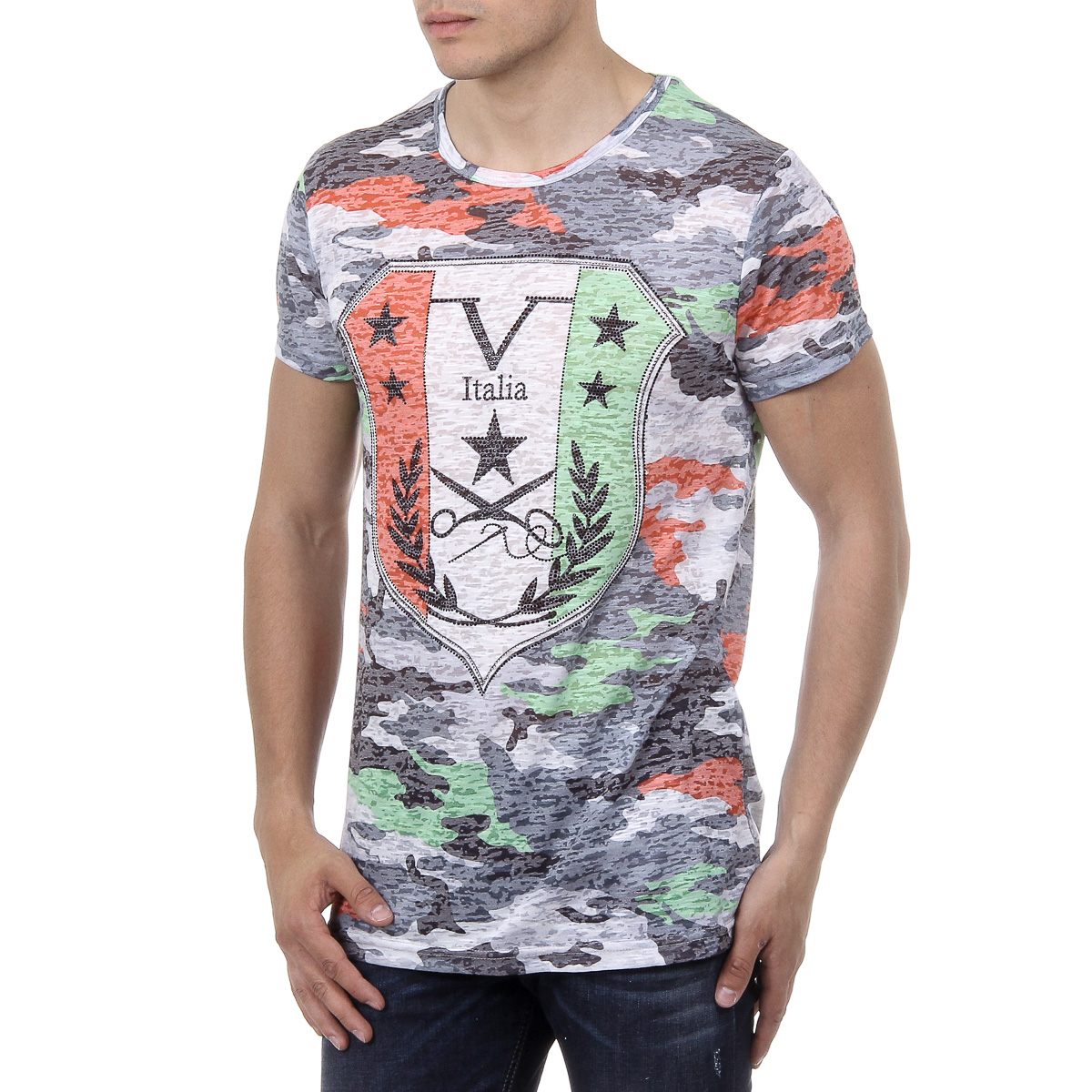 V 1969 Italia T-shirt da uomo a maniche corte con scollo rotondo multicolore OWEN