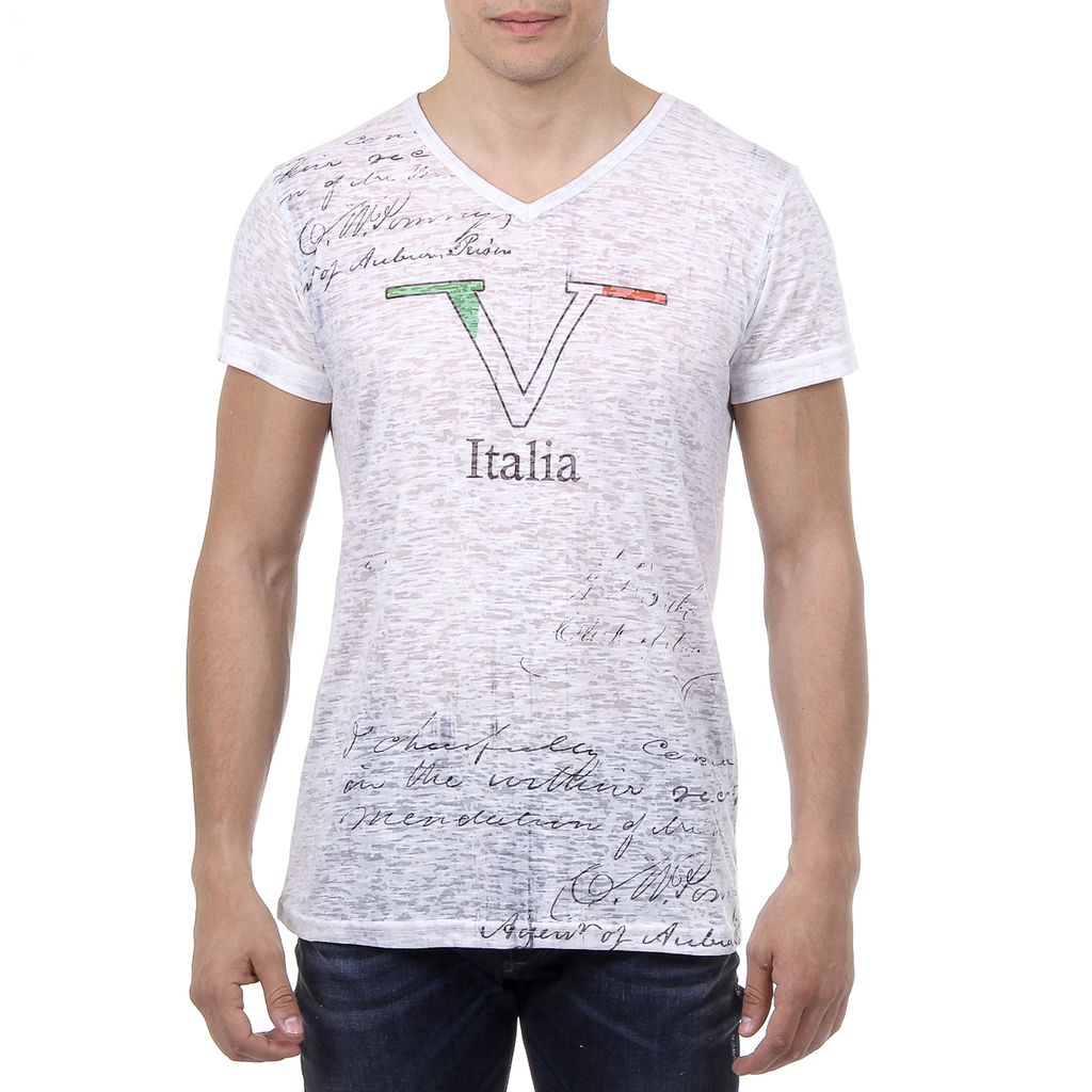 V 1969 Italia T-shirt da uomo a maniche corte con scollo a V, bianca JACOB