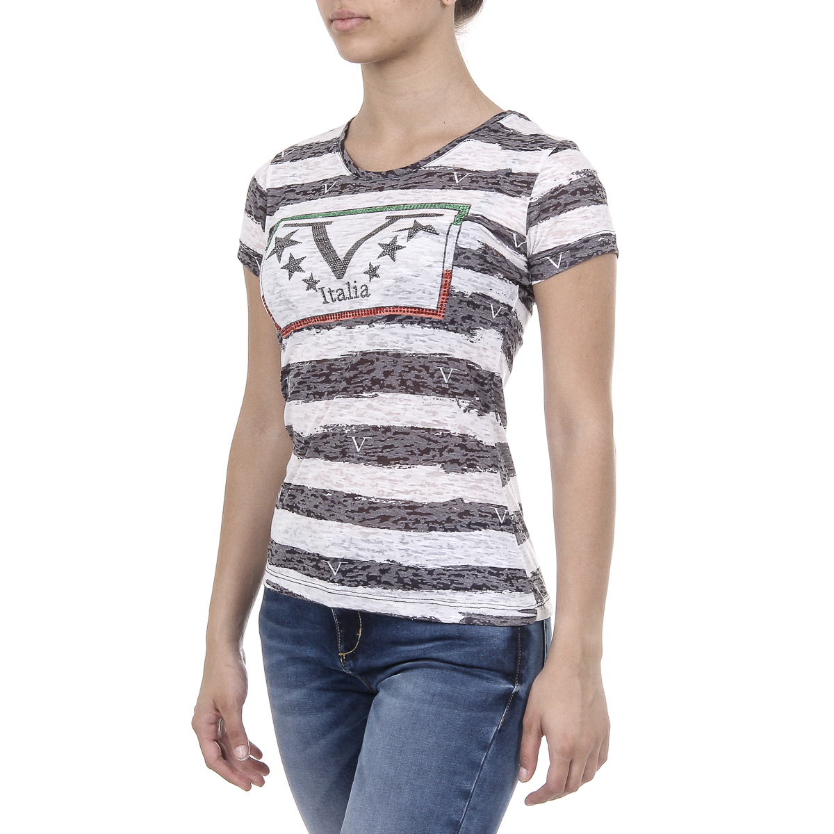 V 1969 Italia T-shirt da donna a maniche corte con scollo rotondo multicolore CHARLOTTE