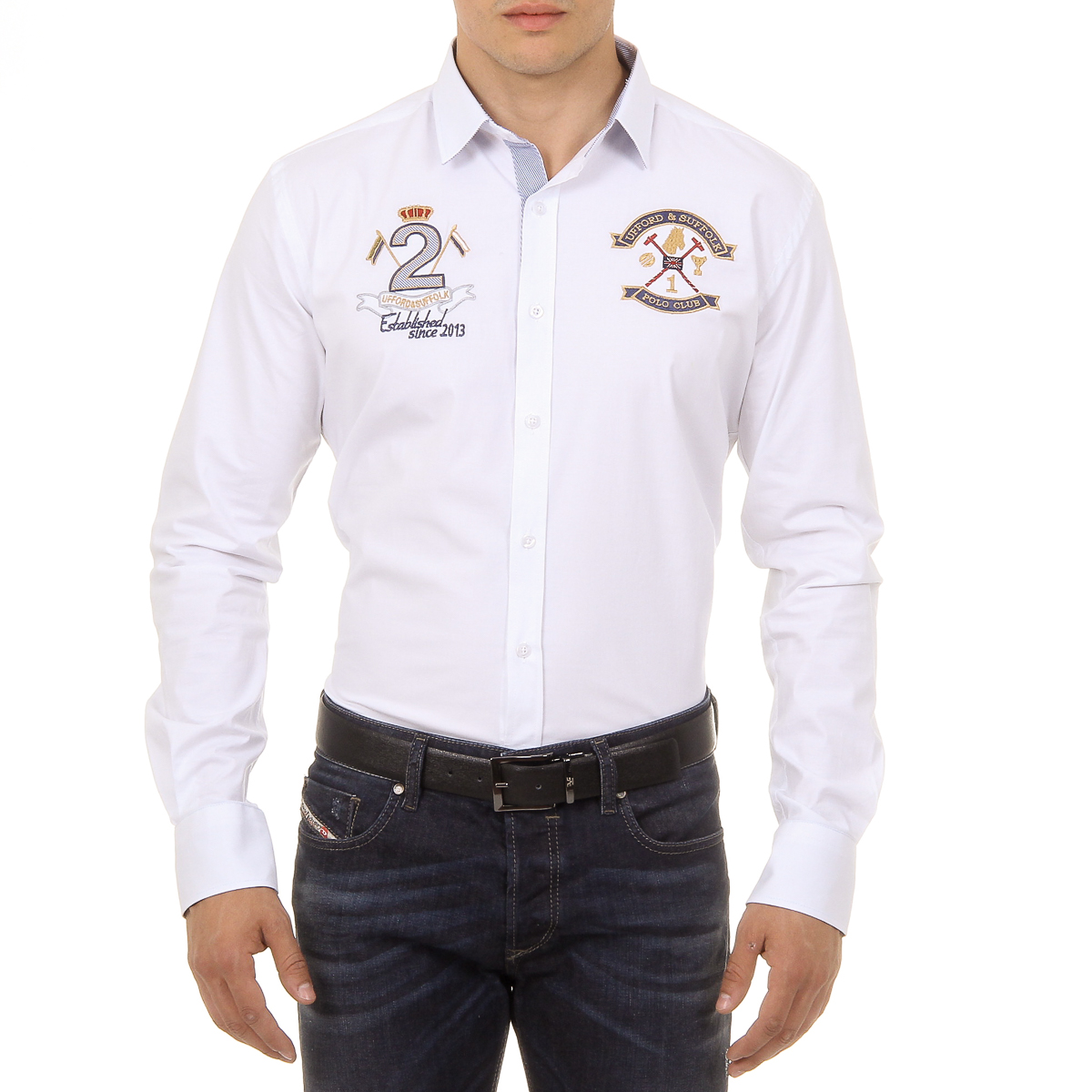 Ufford & Suffolk Polo Club Camicia da uomo a maniche lunghe US010 BIANCO