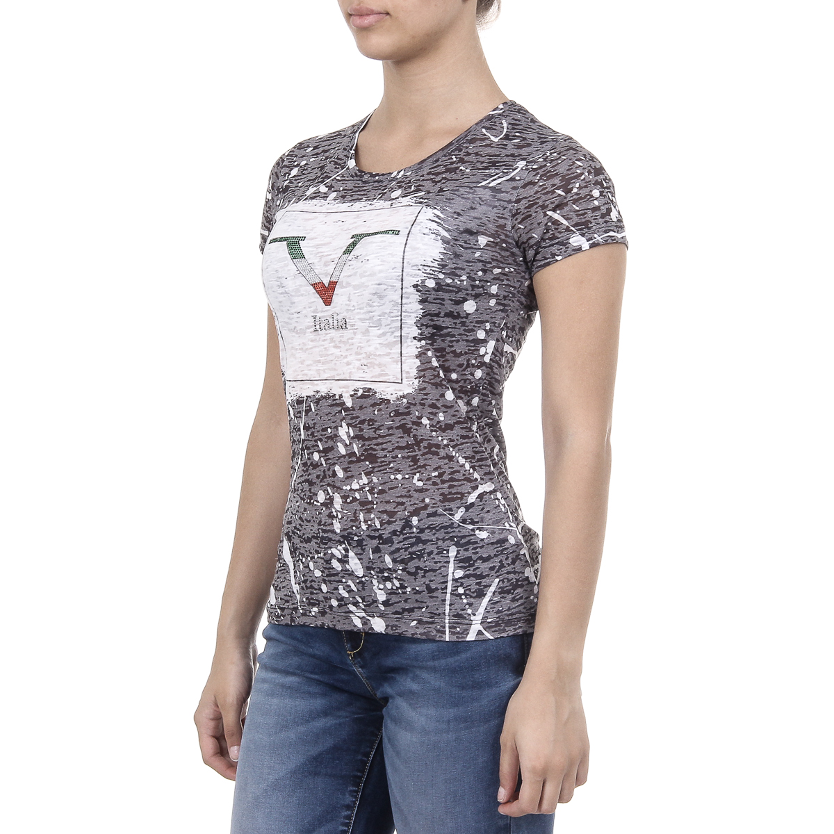 V 1969 Italia T-shirt da donna a maniche corte con scollo tondo nera AVA
